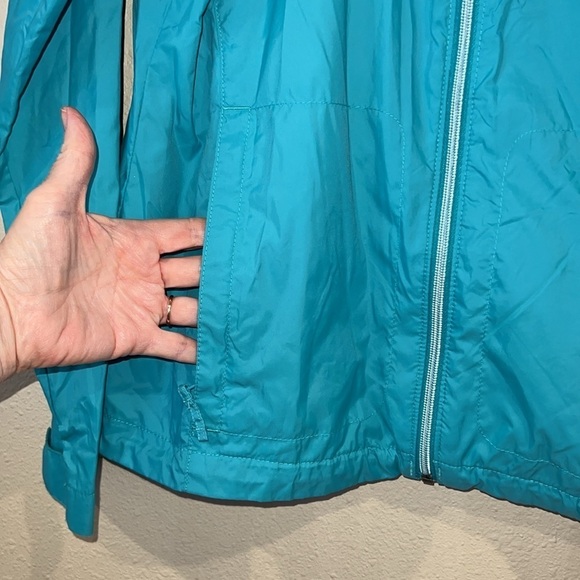 Columbia Aqua Blue Waterproof Lightweight packable hooded zipper rain Jacket L - Picture 2 of 6
